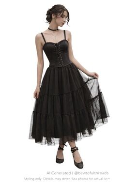 Black Tiered Tulle Midi Skirt Balletcore Goth Elastic Waist Lined